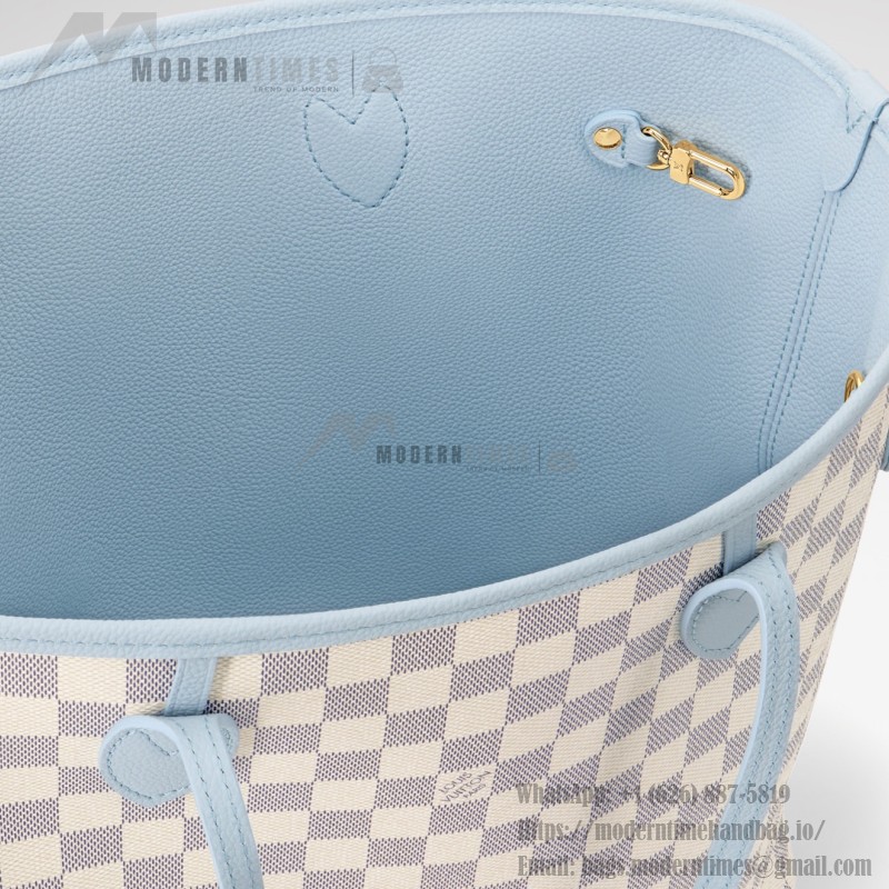  Louis Vuitton Neverfull Inside Out MM N40946 Damier Azur Canvas Tote Bag with Blue Interior and Removable Zip Pouch