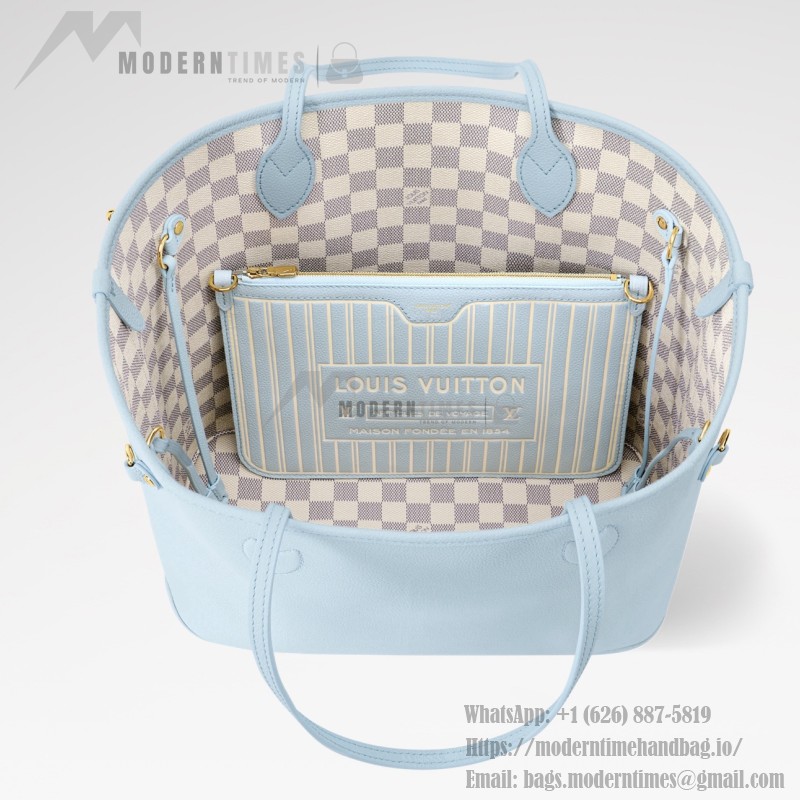  Louis Vuitton Neverfull Inside Out MM N40946 Damier Azur Canvas Tote Bag with Blue Interior and Removable Zip Pouch