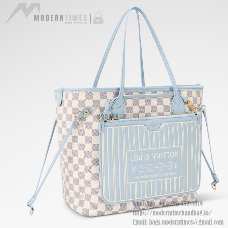  Louis Vuitton Neverfull Inside Out MM N40946 Damier Azur Canvas Tote Bag with Blue Interior and Removable Zip Pouch
