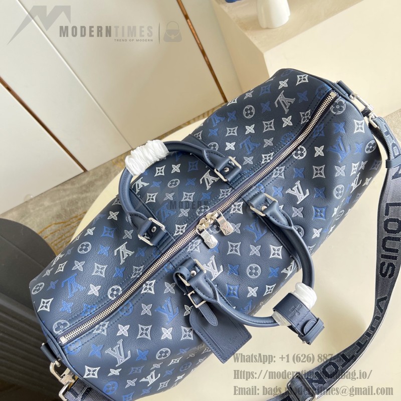 Louis Vuitton Keepall Bandoulière 50 M28836 Monogram Shadow Leather Travel Bag with Gradient Monogram Finish and Reinforced Shoulder Strap