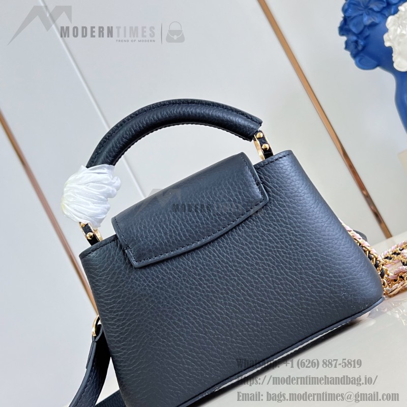 Louis Vuitton Capucines Mini M29439 Black Taurillon Leather Handbag with Hand-Braided Chain and Enamel Monogram Flower Charms