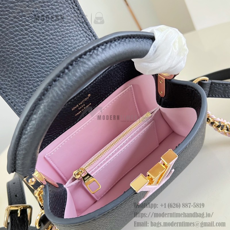 Louis Vuitton Capucines Mini M29439 Black Taurillon Leather Handbag with Hand-Braided Chain and Enamel Monogram Flower Charms
