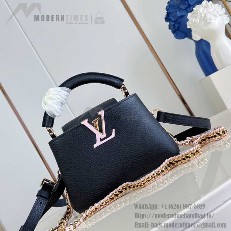 Louis Vuitton Capucines Mini M29439 Black Taurillon Leather Handbag with Hand-Braided Chain and Enamel Monogram Flower Charms