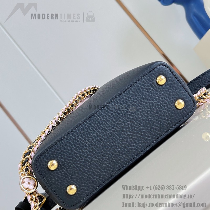 Louis Vuitton Capucines Mini M29439 Black Taurillon Leather Handbag with Hand-Braided Chain and Enamel Monogram Flower Charms