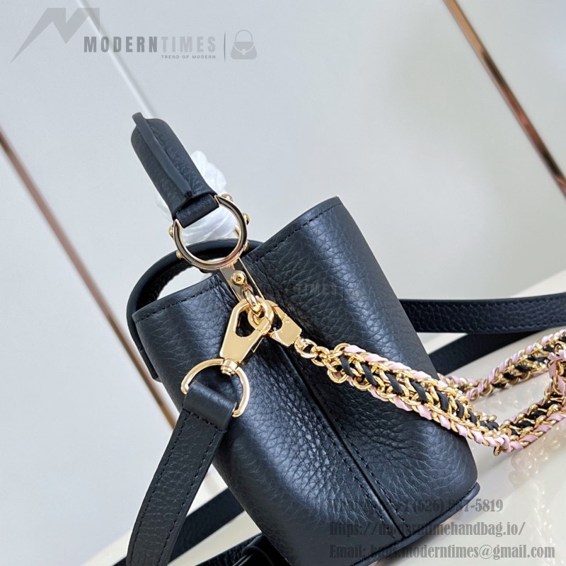 Louis Vuitton Capucines Mini M29439 Black Taurillon Leather Handbag with Hand-Braided Chain and Enamel Monogram Flower Charms