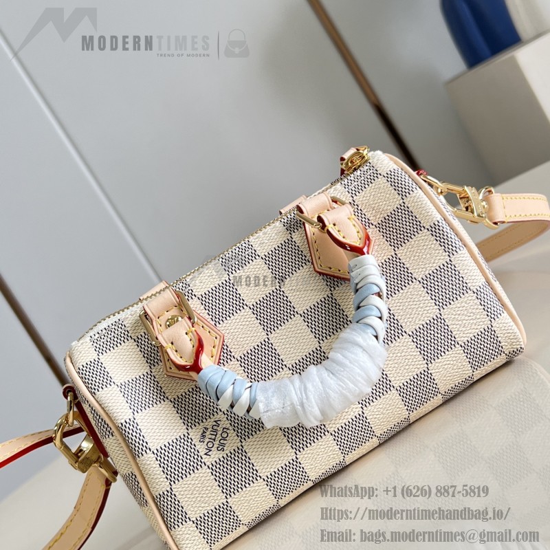  Louis Vuitton Nano Speedy N40918 Damier Azur Canvas Mini Handbag with Braided Leather Handles and Gold Hardware