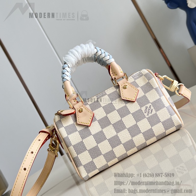  Louis Vuitton Nano Speedy N40918 Damier Azur Canvas Mini Handbag with Braided Leather Handles and Gold Hardware