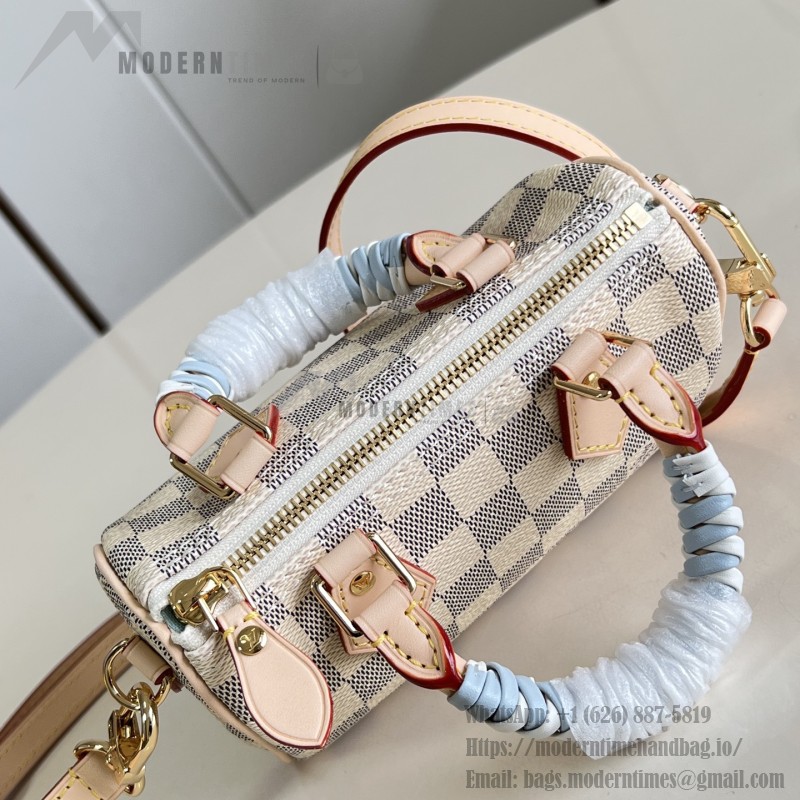  Louis Vuitton Nano Speedy N40918 Damier Azur Canvas Mini Handbag with Braided Leather Handles and Gold Hardware