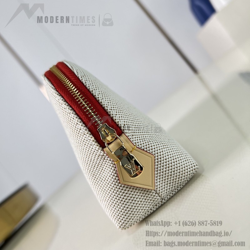 Louis Vuitton Pochette Cosmétique PM M28652 Blue and M29529 Red Cotton Cosmetic Pouch with V-Shaped Leather Patch and Gold Studs