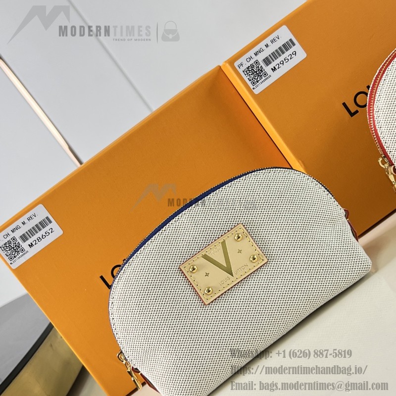 Louis Vuitton Pochette Cosmétique PM M28652 Blue and M29529 Red Cotton Cosmetic Pouch with V-Shaped Leather Patch and Gold Studs