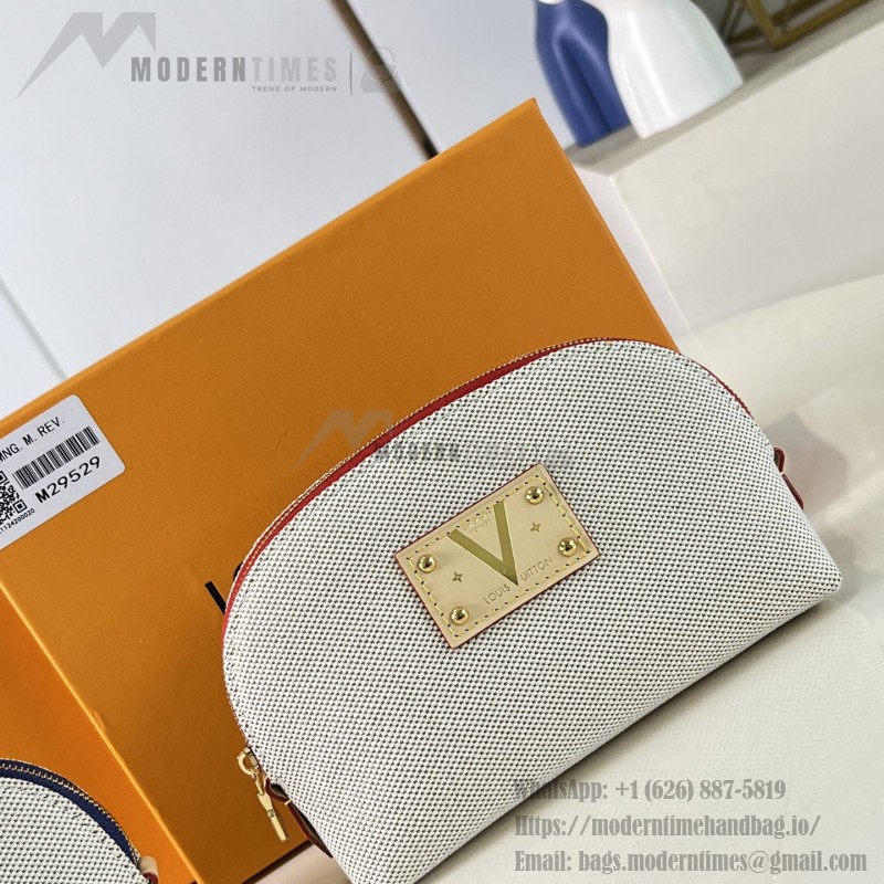 Louis Vuitton Pochette Cosmétique PM M28652 Blue and M29529 Red Cotton Cosmetic Pouch with V-Shaped Leather Patch and Gold Studs