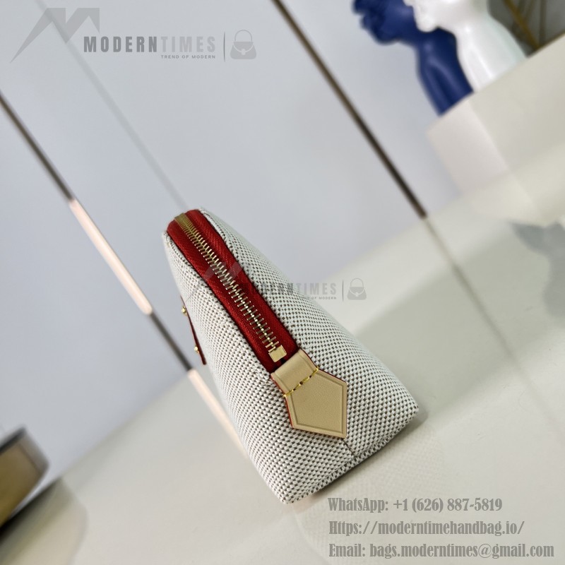 Louis Vuitton Pochette Cosmétique PM M28652 Blue and M29529 Red Cotton Cosmetic Pouch with V-Shaped Leather Patch and Gold Studs