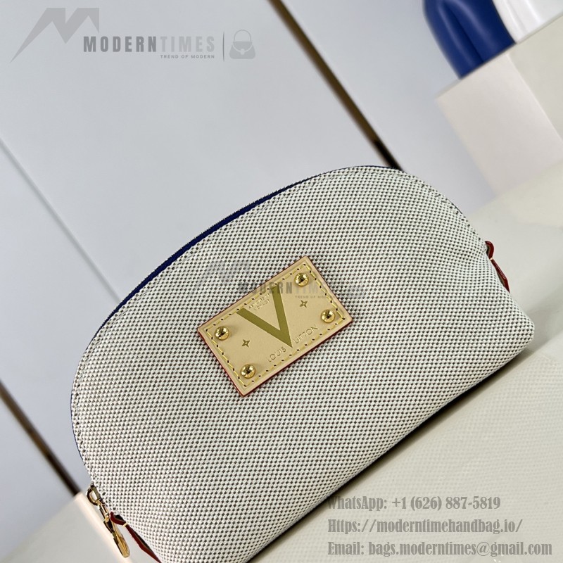 Louis Vuitton Pochette Cosmétique PM M28652 Blue and M29529 Red Cotton Cosmetic Pouch with V-Shaped Leather Patch and Gold Studs