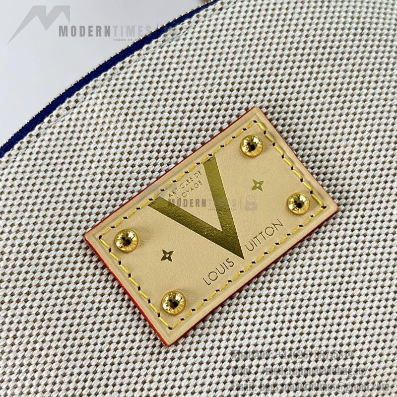 Louis Vuitton Pochette Cosmétique PM M28652 Blue and M29529 Red Cotton Cosmetic Pouch with V-Shaped Leather Patch and Gold Studs
