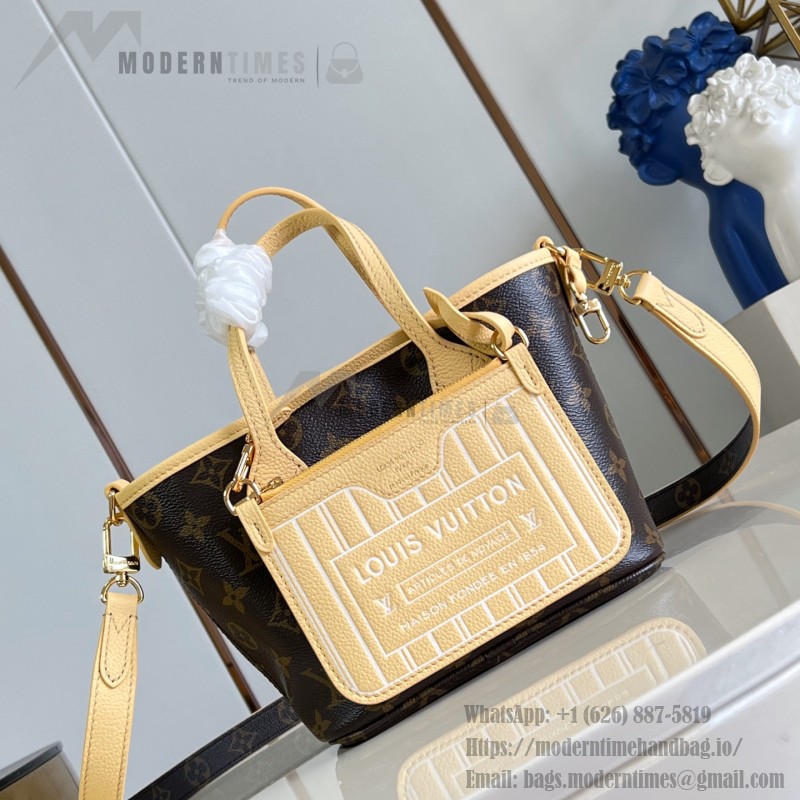 Louis Vuitton Neverfull Inside Out BB cream and red leather replica handbag with heart embroidery and removable zippered pouch