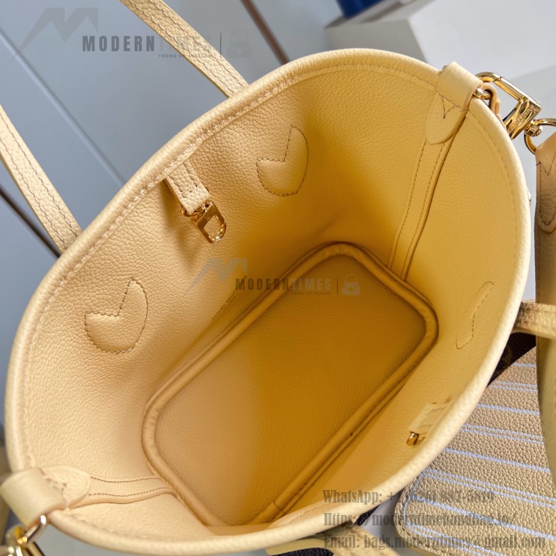 Louis Vuitton Neverfull Inside Out BB cream and red leather replica handbag with heart embroidery and removable zippered pouch