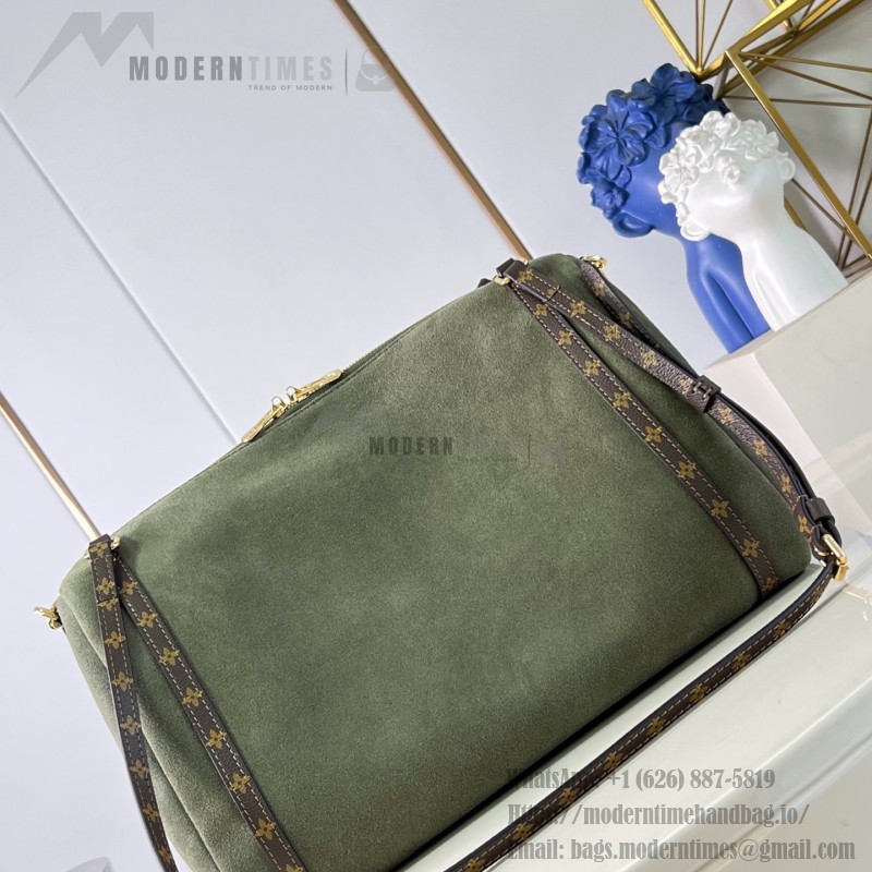 Louis Vuitton Flight Mode Express Medium suede leather replica handbag with Monogram canvas trim, key bell, and padlock