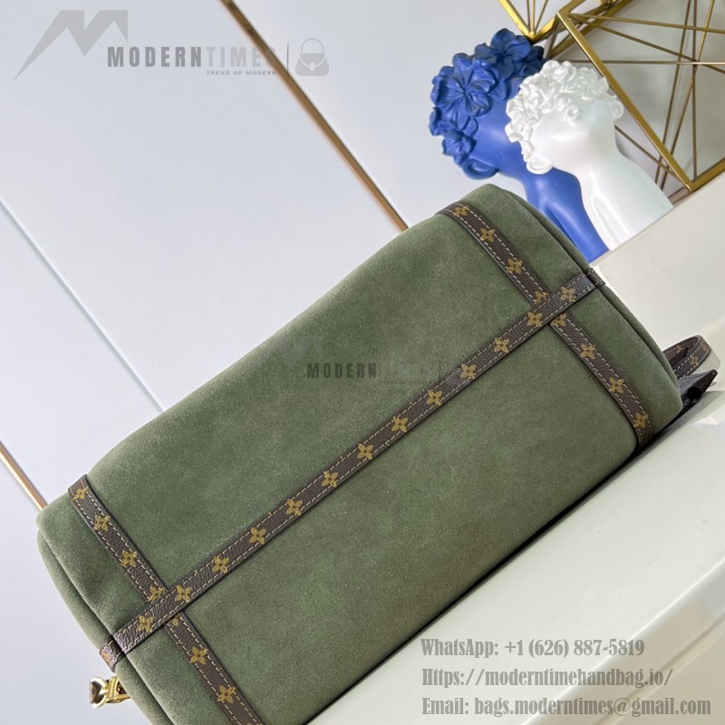 Louis Vuitton Flight Mode Express Medium suede leather replica handbag with Monogram canvas trim, key bell, and padlock