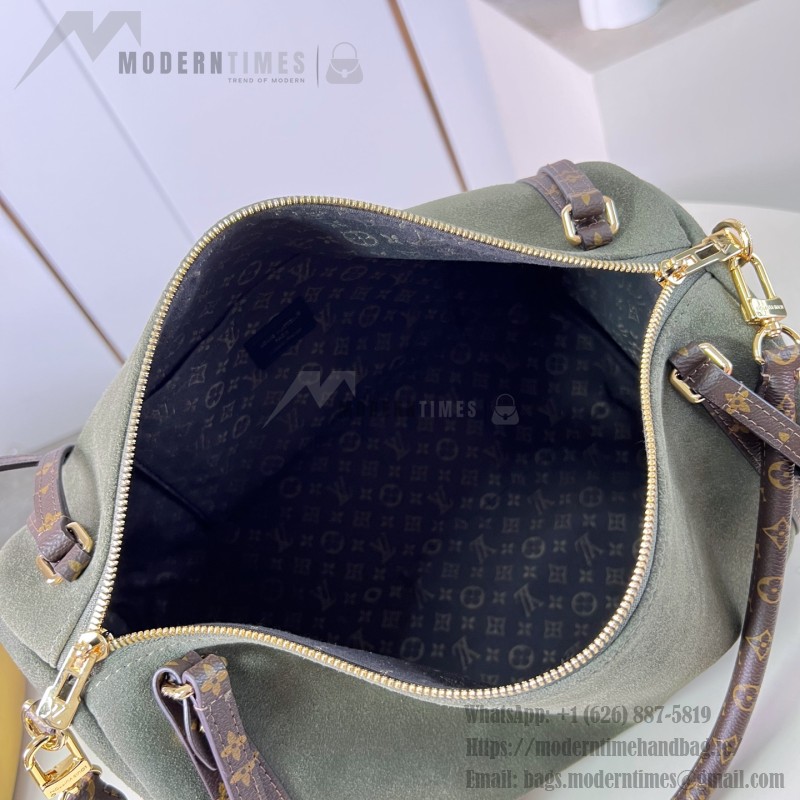 Louis Vuitton Flight Mode Express Medium suede leather replica handbag with Monogram canvas trim, key bell, and padlock