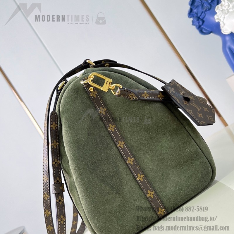 Louis Vuitton Flight Mode Express Medium suede leather replica handbag with Monogram canvas trim, key bell, and padlock