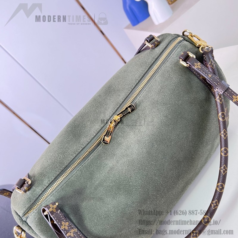 Louis Vuitton Flight Mode Express Medium suede leather replica handbag with Monogram canvas trim, key bell, and padlock