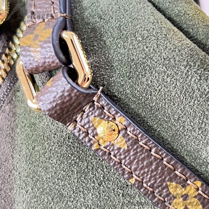 Louis Vuitton Flight Mode Express Medium suede leather replica handbag with Monogram canvas trim, key bell, and padlock