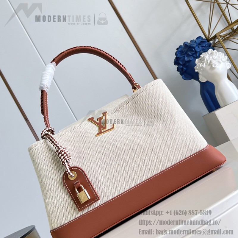 Louis Vuitton Capucines Souple Large Bag M28439 soft cotton canvas handbag with leather trim