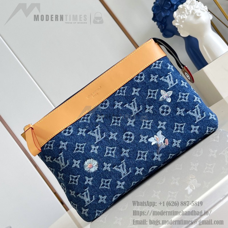 Louis Vuitton Pochette Voyage Souple M27559 Monogram floral embroidered denim clutch bag