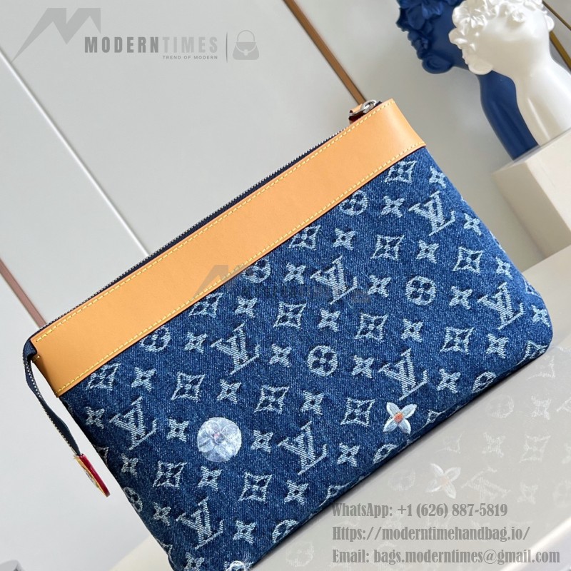 Louis Vuitton Pochette Voyage Souple M27559 Monogram floral embroidered denim clutch bag