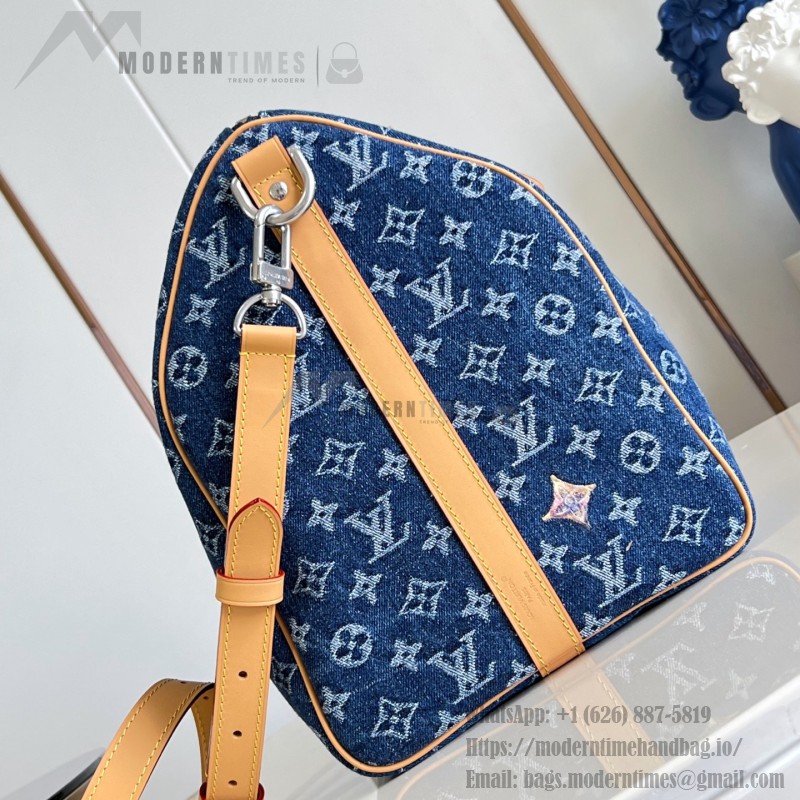 Louis Vuitton Keepall Bandoulière 50 M27781 Monogram denim floral embroidered travel bag