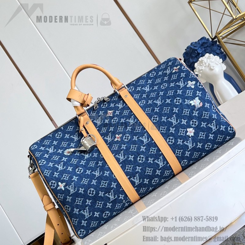 Louis Vuitton Keepall Bandoulière 50 M27781 Monogram denim floral embroidered travel bag