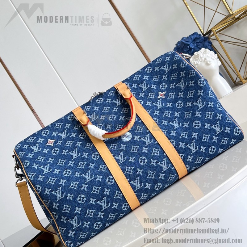 Louis Vuitton Keepall Bandoulière 50 M27781 Monogram denim floral embroidered travel bag