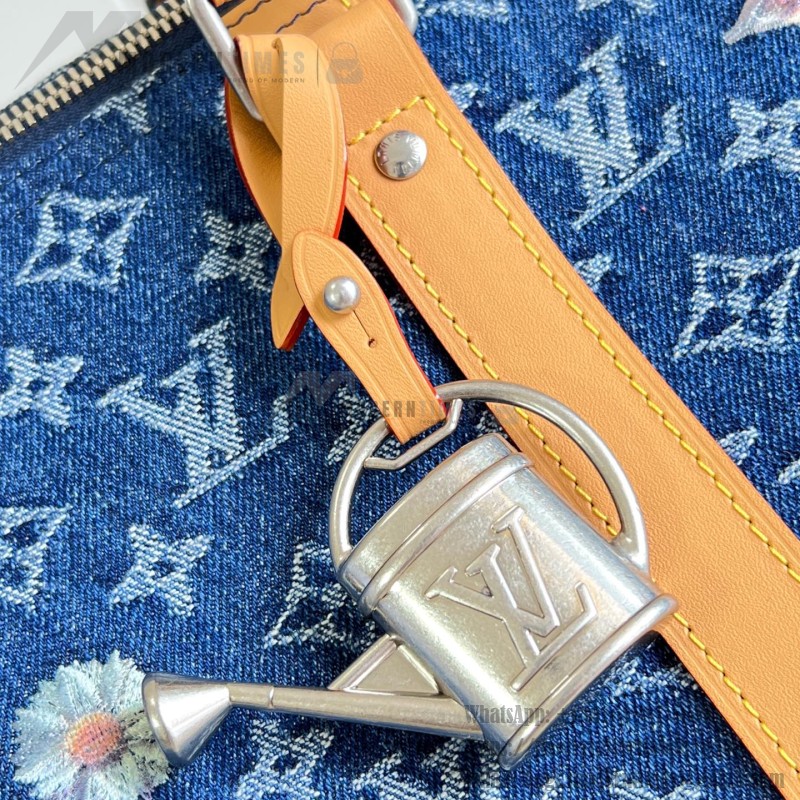 Louis Vuitton Keepall Bandoulière 50 M27781 Monogram denim floral embroidered travel bag