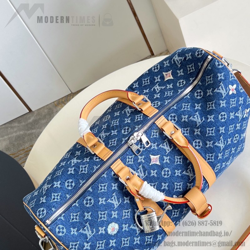 Louis Vuitton Keepall Bandoulière 50 M27781 Monogram denim floral embroidered travel bag
