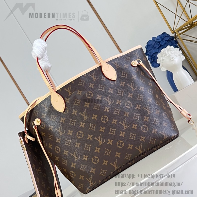 Louis Vuitton Neverfull MM M40366 Damier Ebene replica tote bag with leather trim and steel-tone hardware