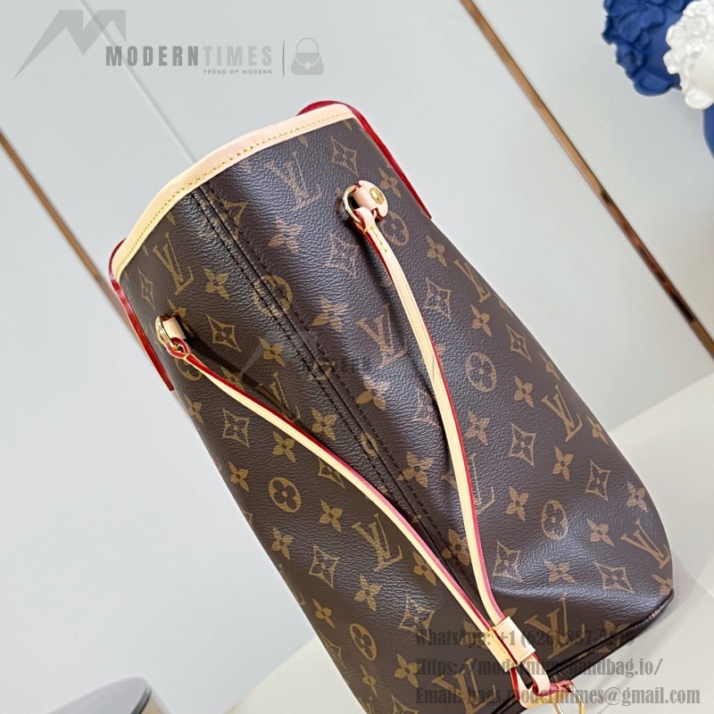 Louis Vuitton Neverfull MM M40366 Damier Ebene replica tote bag with leather trim and steel-tone hardware