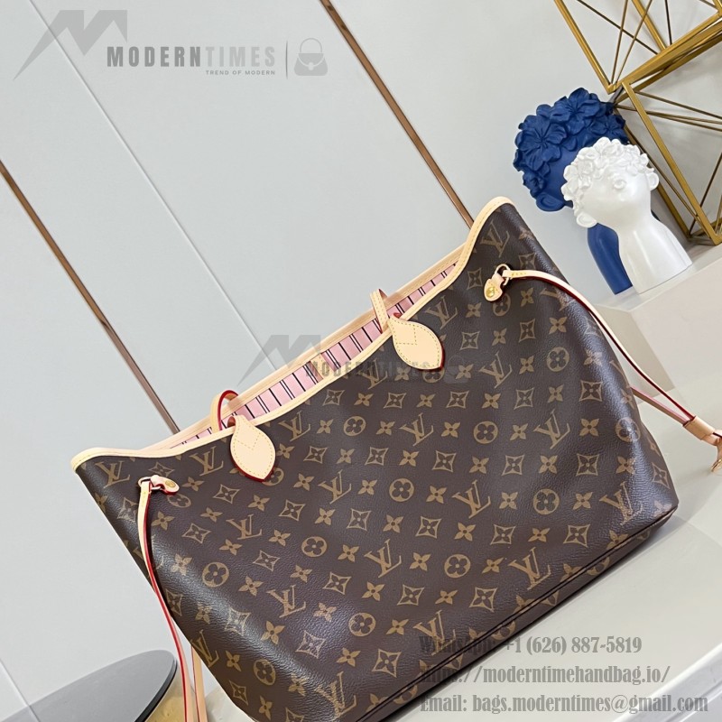 Louis Vuitton Neverfull MM M40366 Damier Ebene replica tote bag with leather trim and steel-tone hardware