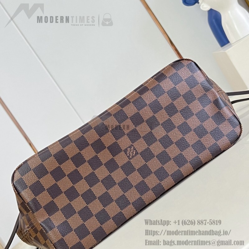 Louis Vuitton Neverfull MM N40598 Damier Ebene replica tote bag with leather trim and steel-tone hardware