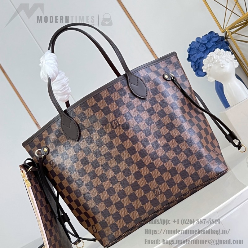 Louis Vuitton Neverfull MM N40598 Damier Ebene replica tote bag with leather trim and steel-tone hardware