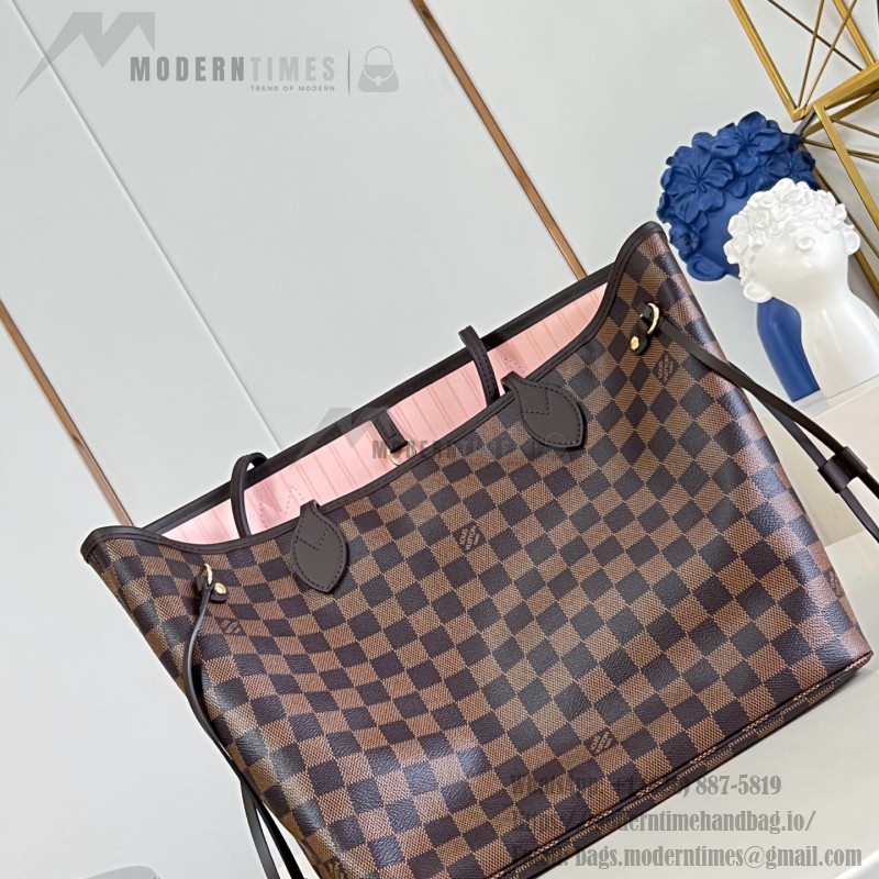 Louis Vuitton Neverfull MM N40598 Damier Ebene replica tote bag with leather trim and steel-tone hardware