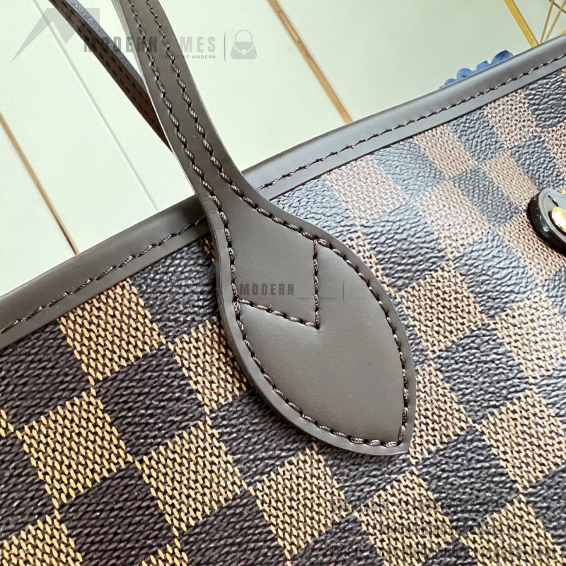 Louis Vuitton Neverfull MM N40598 Damier Ebene replica tote bag with leather trim and steel-tone hardware
