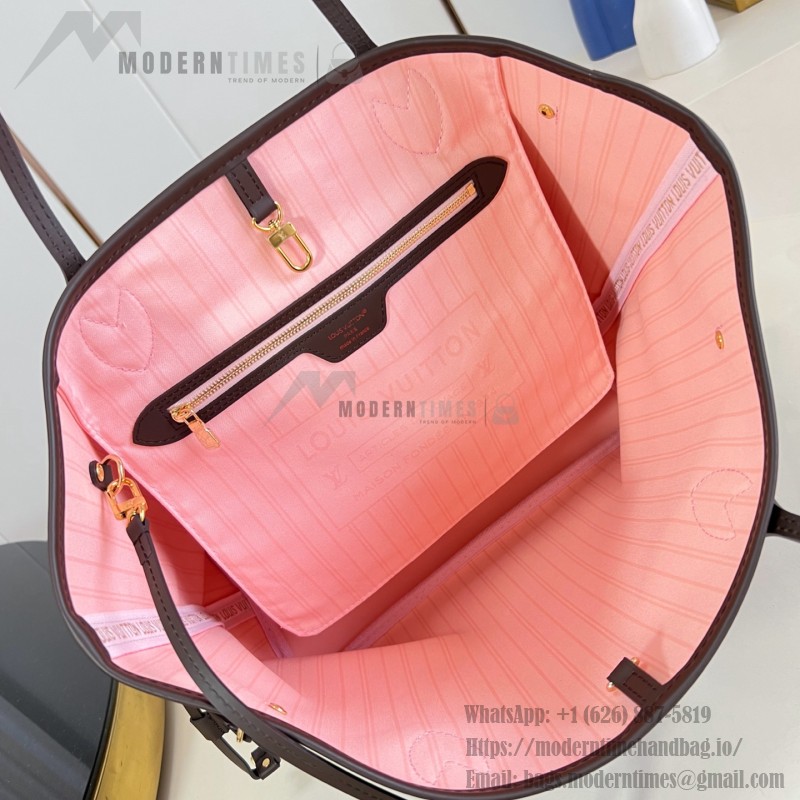 Louis Vuitton Neverfull MM N40598 Damier Ebene replica tote bag with leather trim and steel-tone hardware