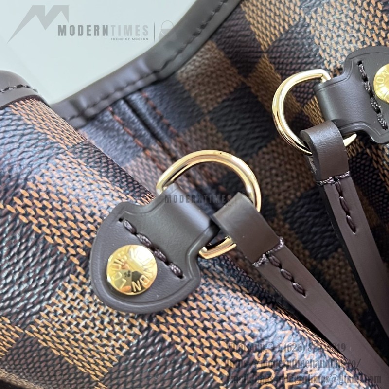 Louis Vuitton Neverfull MM N40598 Damier Ebene replica tote bag with leather trim and steel-tone hardware