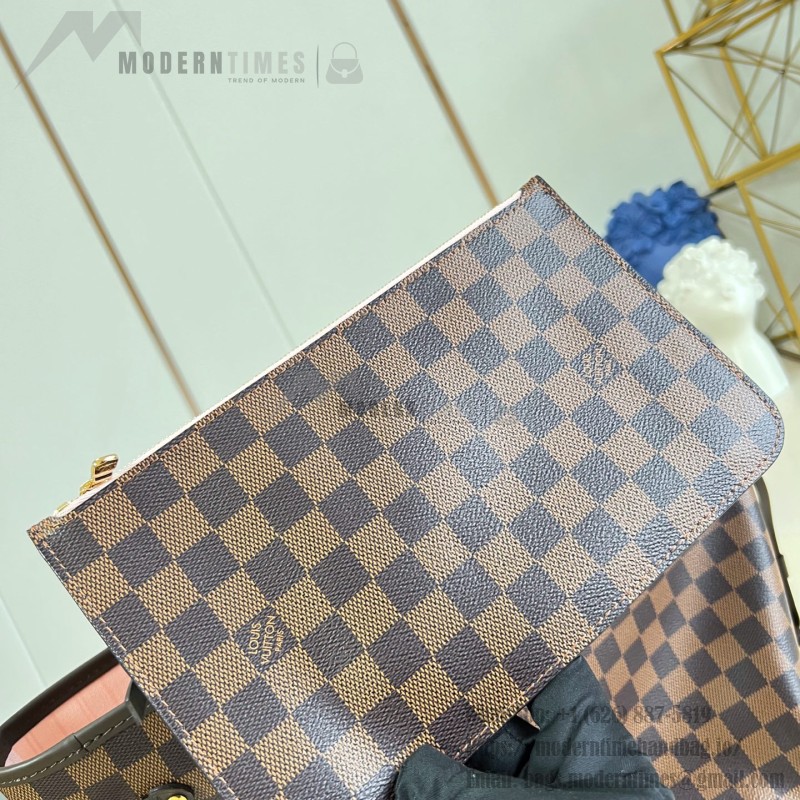 Louis Vuitton Neverfull MM N40598 Damier Ebene replica tote bag with leather trim and steel-tone hardware