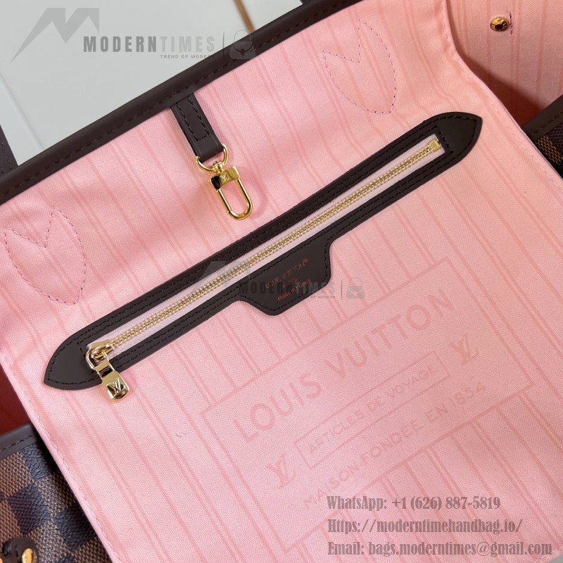 Louis Vuitton Neverfull MM N40598 Damier Ebene replica tote bag with leather trim and steel-tone hardware