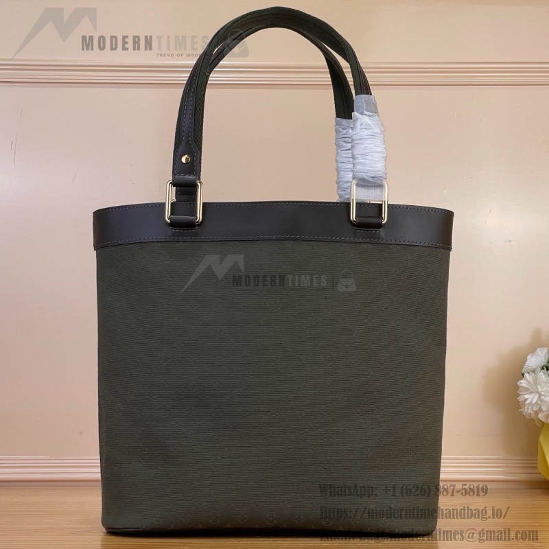 Louis Vuitton-style Lucille Large vintage denim tote bag with cowhide leather trim in pink navy blue light brown gray and green