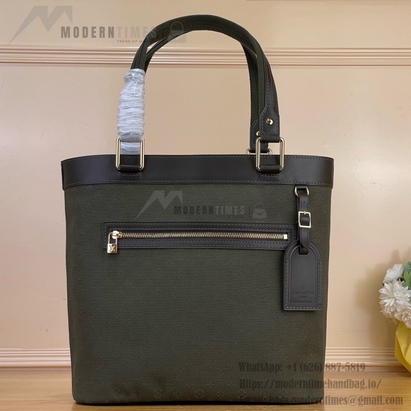 Louis Vuitton-style Lucille Large vintage denim tote bag with cowhide leather trim in pink navy blue light brown gray and green