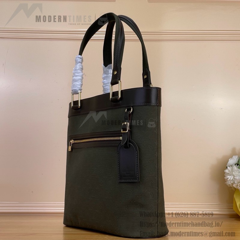 Louis Vuitton-style Lucille Large vintage denim tote bag with cowhide leather trim in pink navy blue light brown gray and green