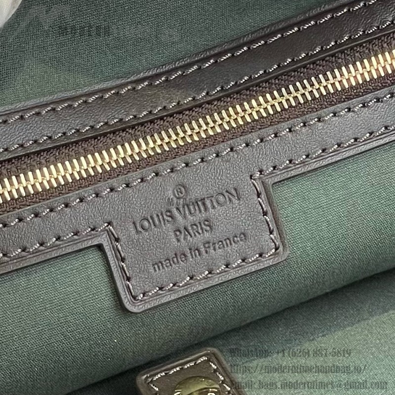 Louis Vuitton-style Lucille Large vintage denim tote bag with cowhide leather trim in pink navy blue light brown gray and green