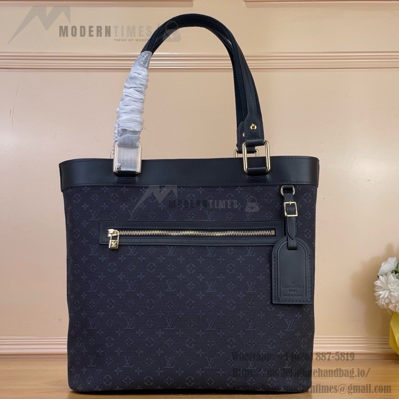 Louis Vuitton-style Lucille Large vintage denim tote bag with cowhide leather trim in pink navy blue light brown gray and green